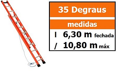 Escada Extensível Fibra Vidro Rebitada EAFR-35 altura 6,30 x 10,80 M - degraus redondos