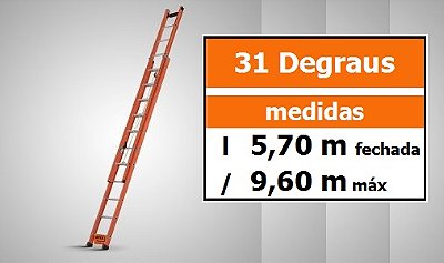 Escada Extensível Fibra Vidro Vazada EAFV-31 altura 5,70 x 9,60 M - degraus redondos