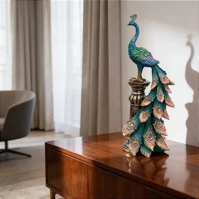 Estátua Pavão Azul em Resina e Pó de Mármore