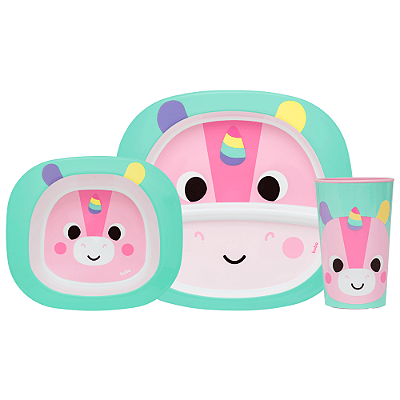 KIt Refeição Buba Zoo Unicórnio  - Prato Raso + Prato Fundo + Copo