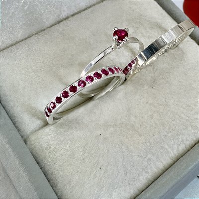 Aliança de Prata 950 Cravejada Brilho Eterno ZYRAH RED Com Anel Solitário de Brinde Aliança só Love