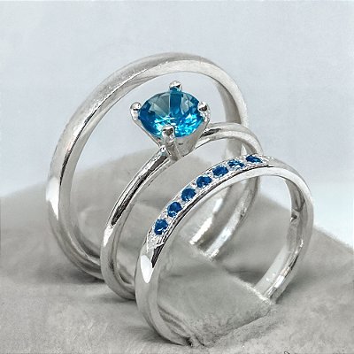 Aliança de Prata 950 Cravejada Brilho Eterno ELANDRA BLUE Com Anel Solitário de Brinde Aliança só Love