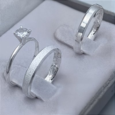 Aliança de Prata 950 Tradicional Essência MYELLE Com Anel Solitário de Brinde Aliança só Love