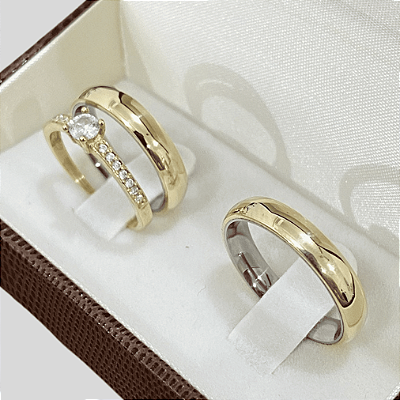 Aliança de Moeda antiga 3mm Tradicional Essência  Aurean Com Anel Solitário de Brinde Aliança só Love