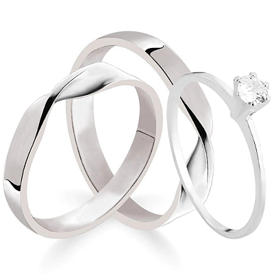 Par de alianças Princess 3mm de namoro + anel solitário prata 950