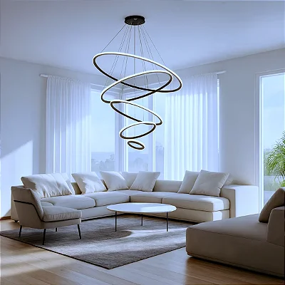Lustre Pendente Moderno Led 5 Anéis Arcos Luxo Dimmer Bivolt
