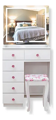 Penteadeira Make 70 Luxo Com Espelho Jateado Led, Corrediças Branco