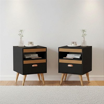 Kit Mesa Cabeceira 2 Unidades Preto Ype Preto