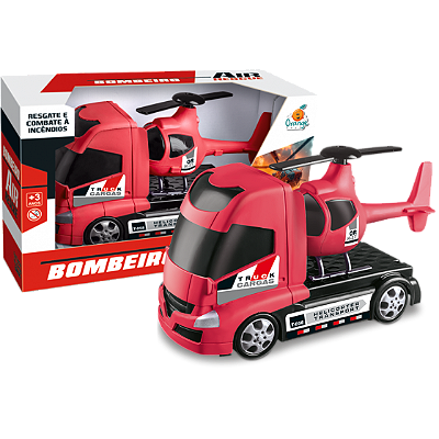 CAMINHAO PLATAFORMA COM HELICOPTERO BOMBEIRO 29CM - ORANGE TOYS