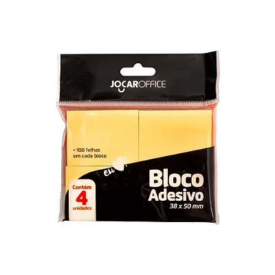 BLOCO ADESIVO AMARELO NEON COM 100 FOLHAS CADA 38MMX50MM - JOCAR OFFICE