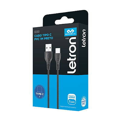 CABO USB TIPO C PRETO 1M PVC - LETRON
