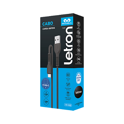 CABO USB TIPO C PRETO 1M PVC - VQ-D88 - LETRON