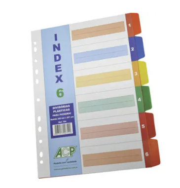 DIVISÓRIAS PLÁSTICAS PARA FICHÁRIO 4 FUROS UNIVERSITÁRIO INDEX COM 06 CORES - ACP