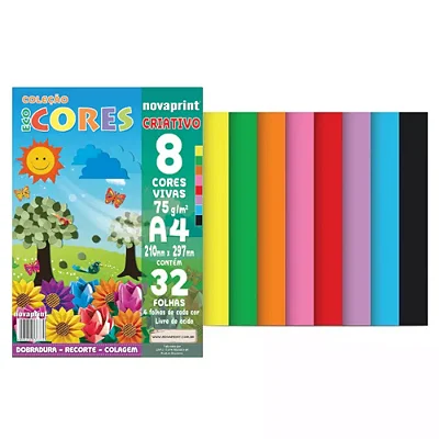 PACOTE DE FOLHA COLORIDA ECO CORES COM 32 FOLHAS E 8 CORES 75G A4 - NOVA PRINT