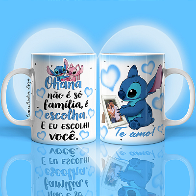 CANECA DE LOUÇA OHANA NÃO É SÓ FAMILIA É ESCOLHA (AZUL) PERSONALIZADO