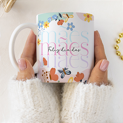CANECA DE LOUÇA FELIZ DIA DAS MÃES BORBOLETA PERSONALIZADO