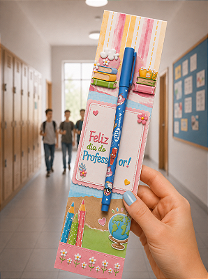 KIT DIA DOS PROFESSORES: 10 UNIDADES - CANETA GEL FINI + CARTÃO FELIZ DIA DOS PROFESSORES ROSA