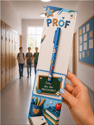 KIT DIA DOS PROFESSORES: 1 UNIDADE - CANETA GEL FINI + CARTÃO FELIZ DIA DOS PROFESSORES AZUL