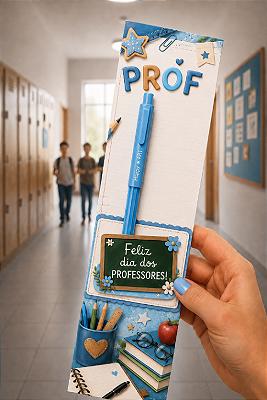 KIT DIA DOS PROFESSORES: 20 UNIDADES - CANETA GEL ART HAPPY + CARTÃO FELIZ DIA DOS PROFESSORES AZUL