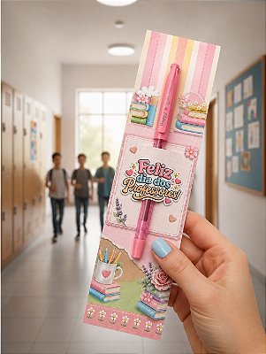 KIT DIA DOS PROFESSORES: 50 UNIDADES - CANETA GEL ART HAPPY + CARTÃO FELIZ DIA DOS PROFESSORES ROSA