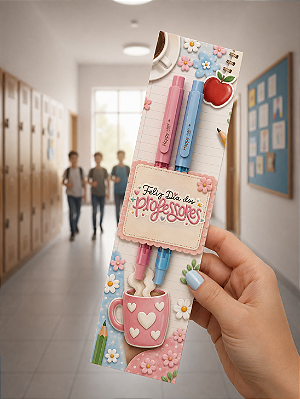 KIT DIA DOS PROFESSORES: 50 UNIDADES - CANETA GEL ART HAPPY + CARTÃO CAFÉ