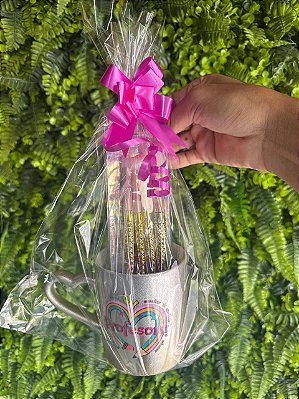 KIT DIA DOS PROFESSORES: CANECA DE LOUÇA GLITTER  + KIT PINCEL MAQUIAGEM