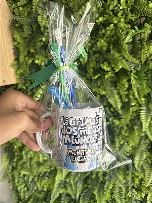 KIT DIA DOS PROFESSORES: CANECA DE LOUÇA + 2 CANETA WOW FUN + MARCA TEXTO