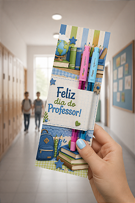 KIT DIA DOS PROFESSORES: 2 CANETAS GEL ART HAPPY + CARTÃO FELIZ DIA DO PROFESSOR