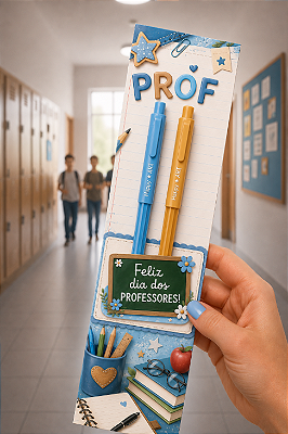 KIT DIA DOS PROFESSORES: 2 CANETAS GEL ART HAPPY + CARTÃO FELIZ DIA DOS PROFESSORES AZUL