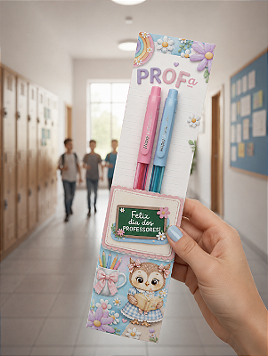 KIT DIA DOS PROFESSORES: 2 CANETAS GEL ART HAPPY + CARTÃO CORUJINHA