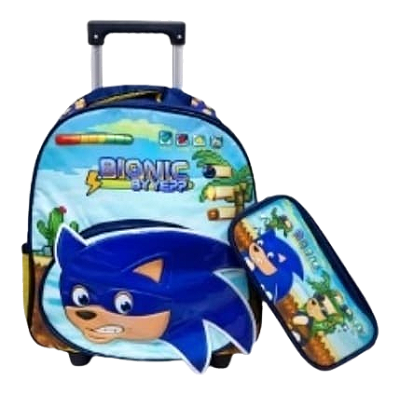 Kit Mochila Infantil Masculina Sonic Lancheira Estojo Grande Com Rodinha