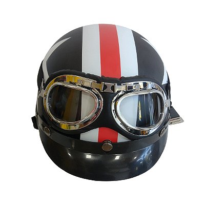 Capacete de motocicleta meio aberto, scooter, estilo retrô vintage, capacete de moto com óculos, viseira, padrão clássico de estrelas e listras.