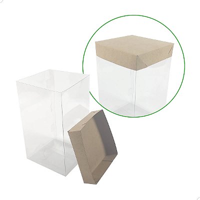 Caixa de Acetato KRP-250 Kraft (10x10x16,6 cm) (25un) Tampa Plástico e Fundo de Papel