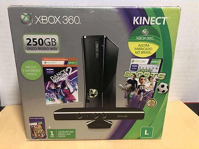 Console Xbox 360 Preto 250GB na Caixa + Kinect