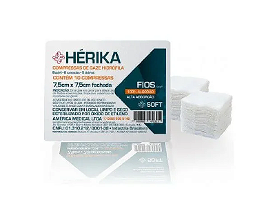 Compressa de Gaze Estéril 7,5cm x 7,5cm 13 Fios - Hérika -  C/10 Un
