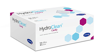 Curativo Hidro - Responsivo PHMB - Hartmann - 7,5cm x 7,5 cm HydroClean Plus Cavity / UnidDescrição: HydroClean Plus é um curativo hidro-responsivo cujo principal componente é o poliacrilato superabsorvente (SAP) integrado em fibras de celulose. O SAP, a