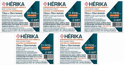 Kit 5 envelopes - Compressa de Gaze Estéril 7,5x 7,5cm 11 Fios - Hérika