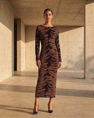 VESTIDO MIDI SAVANA EM TRICOT (MARRON/PRETO)