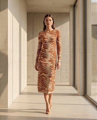 VESTIDO MIDI SAVANA EM TRICOT (BEGE/TELHA)