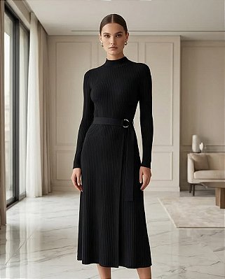 VESTIDO CONELADO MANGA LONGA COM SAIA PARIÔ (PRETO)