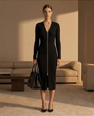VESTIDO CANELADO MANGA LONGA COM ZIPER (PRETO)