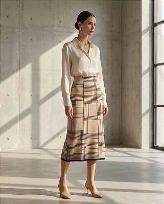 SAIA JACQUARD XADREZ IRREGULAR EM TRICOT (BEGE/MARINHO)