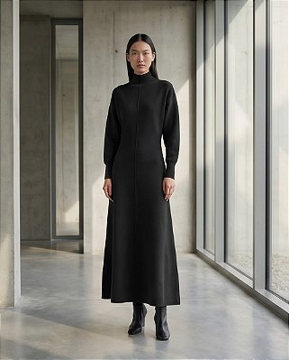 VESTIDO MIDI EVASÊ EM TRICOT MANGA BUFANTE (PRETO)