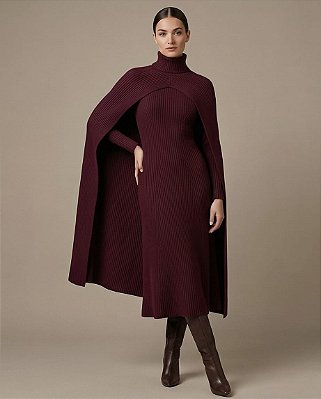 VESTIDO CANELADO EVASÊ COM MAXI CAPA GOLA ALTA EM TRICOT (BORDÔ)