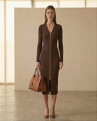 VESTIDO CANELADO MANGA LONGA COM ZIPER (MARRON)