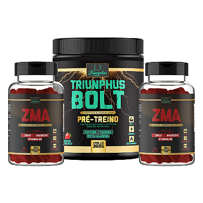 Kit com 1 Pré Treino Triunphus Bolt 360g + 2 Pós Treino ZMA 500mg 30 capsulas Triunphus