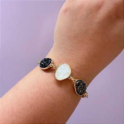Pulseira Força Suprema — Pirita, Turmalina Negra & Selenita | Semijoia Ouro 18k