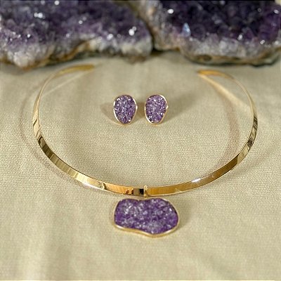 Conjunto Rígido Choker e Brinco Ametista – Intuição e Serenidade | Banho de Ouro 18k