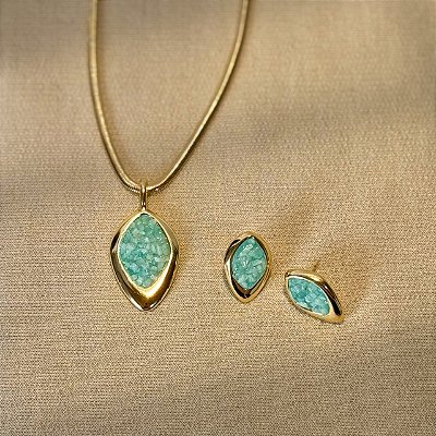 Conjunto com Colar e Brinco – Semijoia Banhada a Ouro 18k com Amazonita Verde