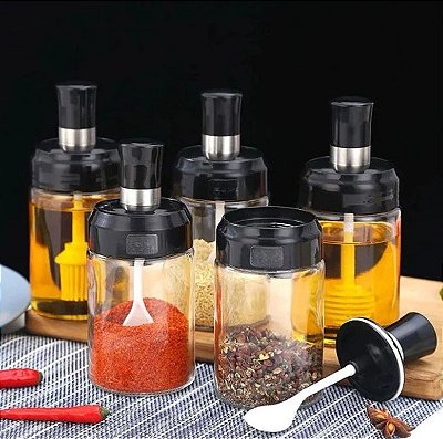 KIT COM 5   PORTA CODIMENTO DE PLÁSTICO E VIDRO COM TAMPA E  COLHER